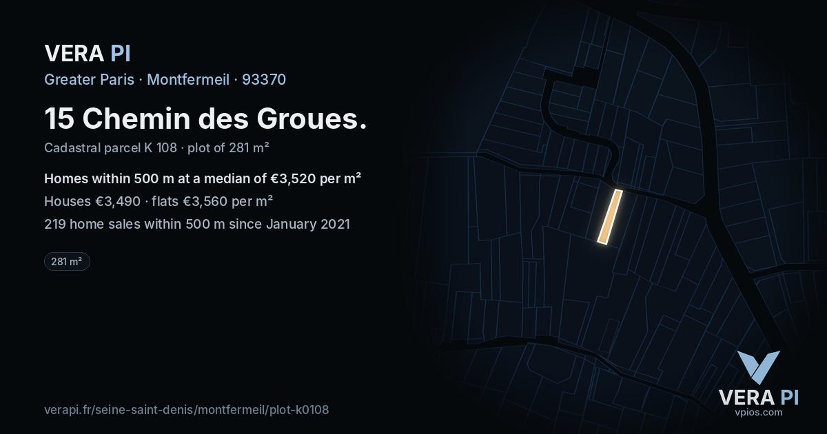 15 Chemin des Groues, Montfermeil at night – the plot lit, the parcels around coloured by the prices near them