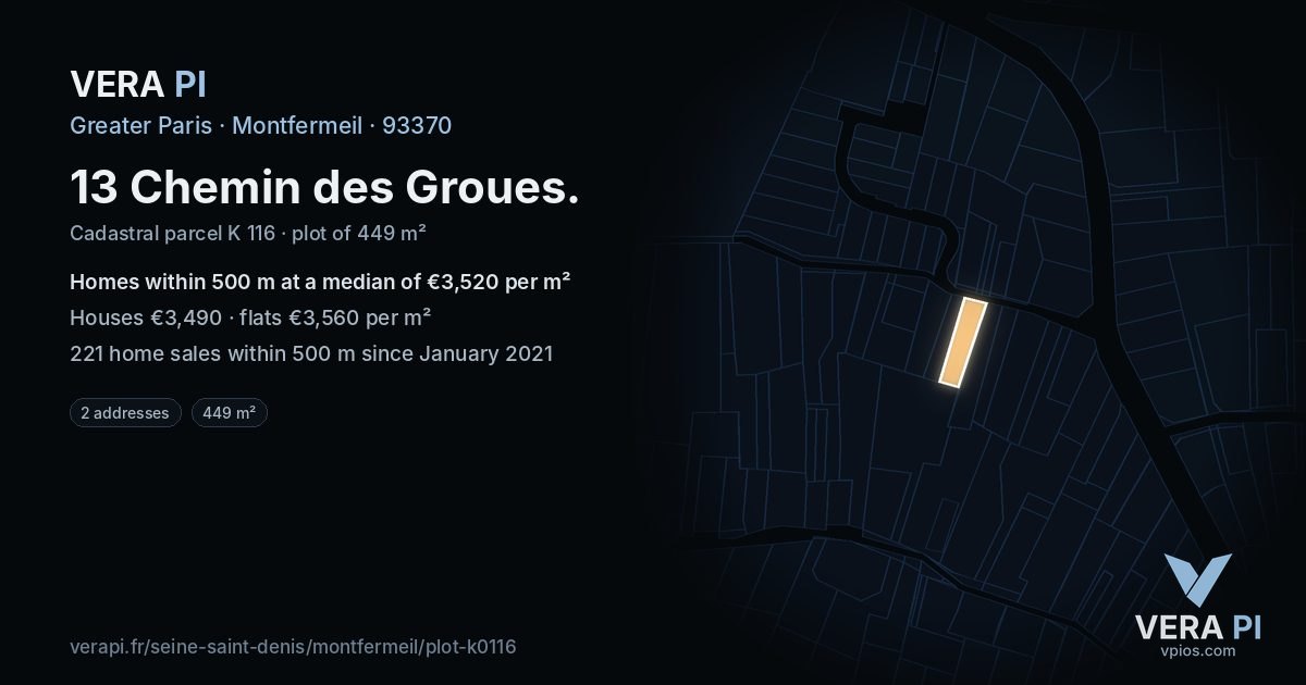 13 Chemin des Groues, Montfermeil at night – the plot lit, the parcels around coloured by the prices near them