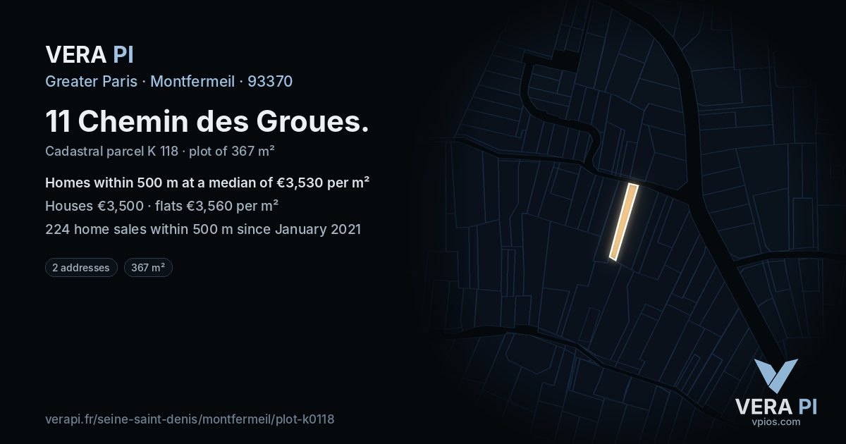 11 Chemin des Groues, Montfermeil at night – the plot lit, the parcels around coloured by the prices near them