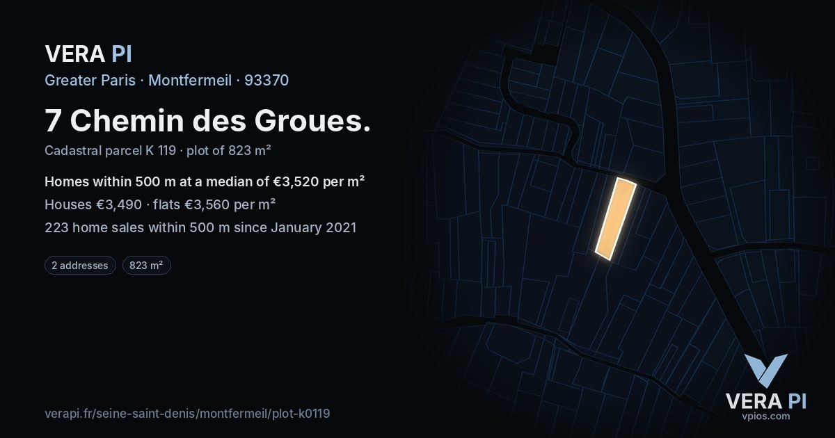 7 Chemin des Groues, Montfermeil at night – the plot lit, the parcels around coloured by the prices near them