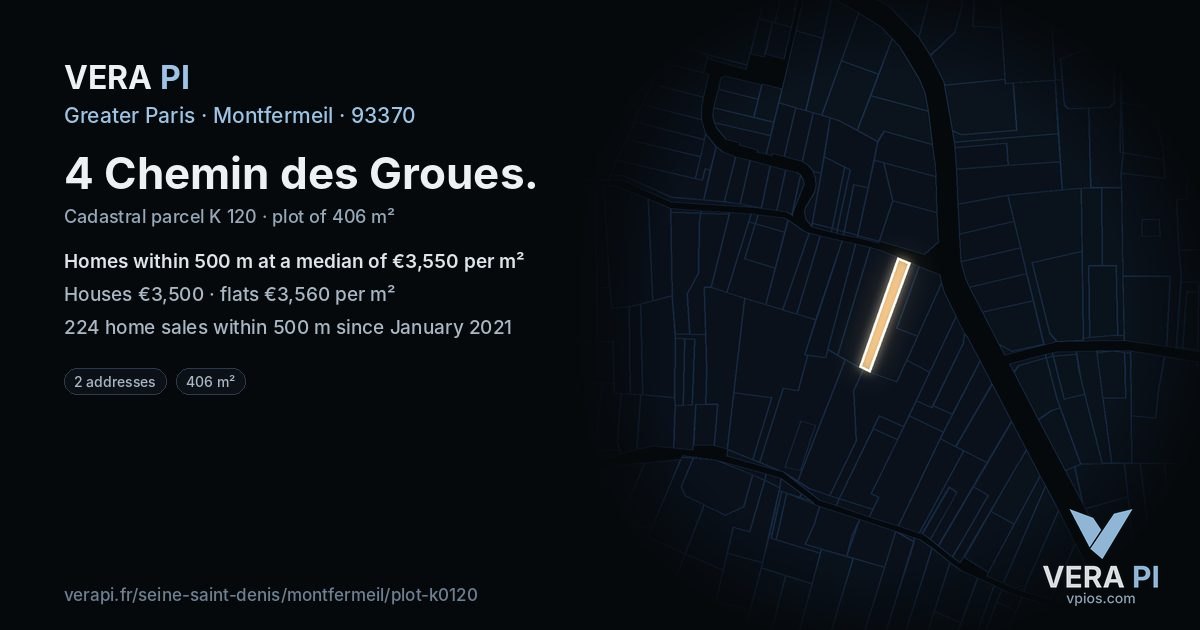 4 Chemin des Groues, Montfermeil at night – the plot lit, the parcels around coloured by the prices near them