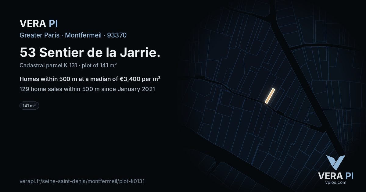 53 Sentier de la Jarrie, Montfermeil at night – the plot lit, the parcels around coloured by the prices near them