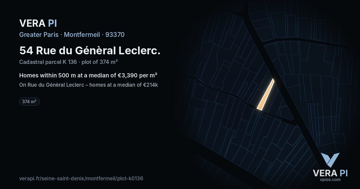 54 Rue du Génèral Leclerc, Montfermeil at night – the plot lit, the parcels around coloured by the prices near them