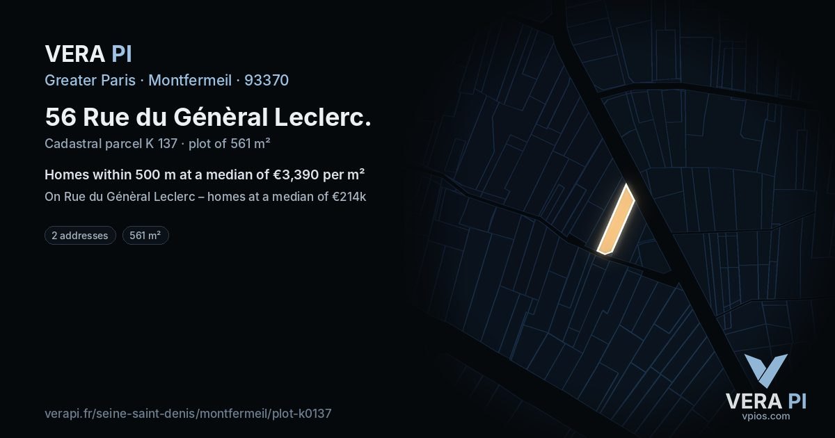 56 Rue du Génèral Leclerc, Montfermeil at night – the plot lit, the parcels around coloured by the prices near them