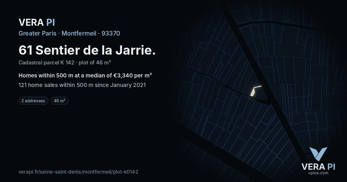 61 Sentier de la Jarrie, Montfermeil at night – the plot lit, the parcels around coloured by the prices near them