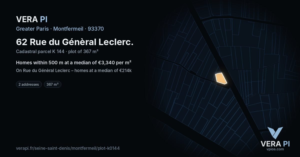 62 Rue du Génèral Leclerc, Montfermeil at night – the plot lit, the parcels around coloured by the prices near them