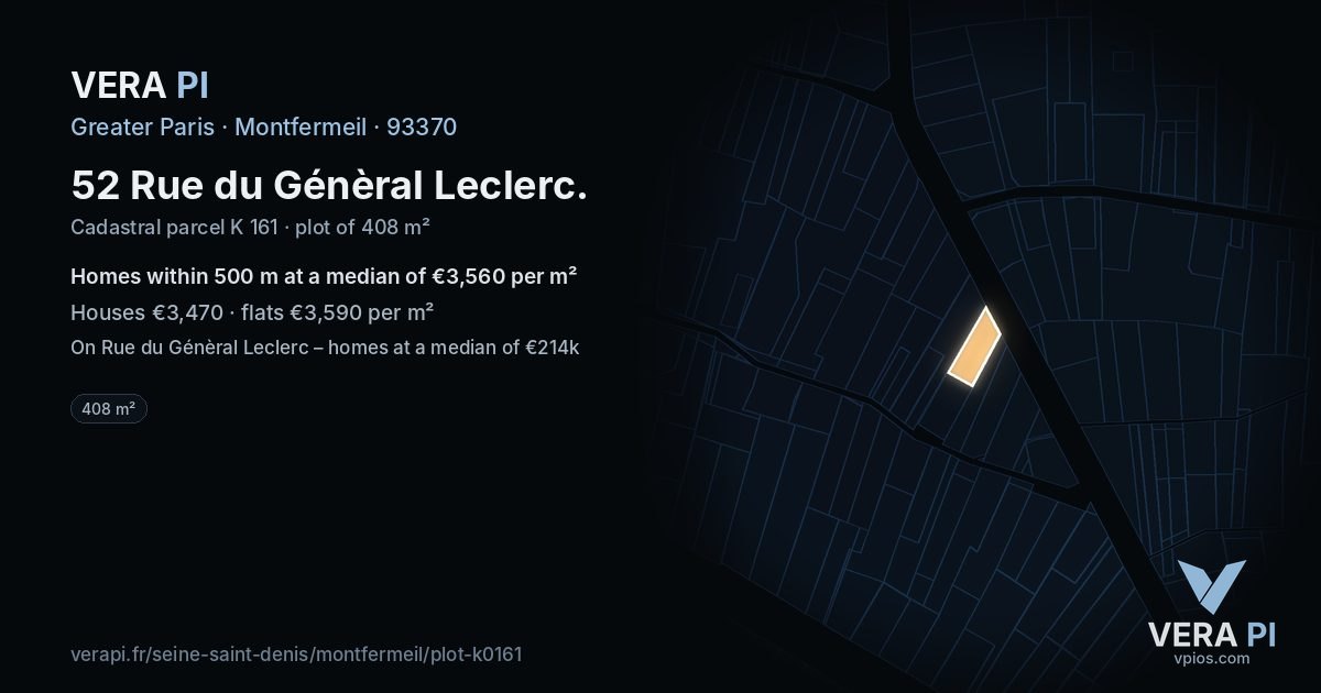 52 Rue du Génèral Leclerc, Montfermeil at night – the plot lit, the parcels around coloured by the prices near them