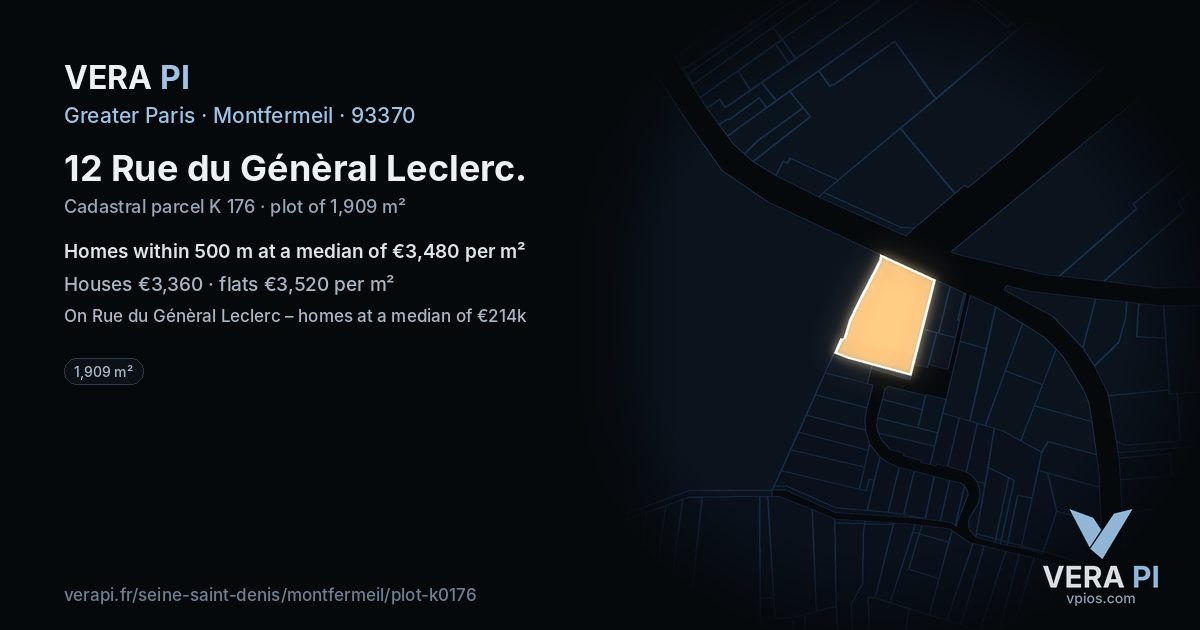 12 Rue du Génèral Leclerc, Montfermeil at night – the plot lit, the parcels around coloured by the prices near them