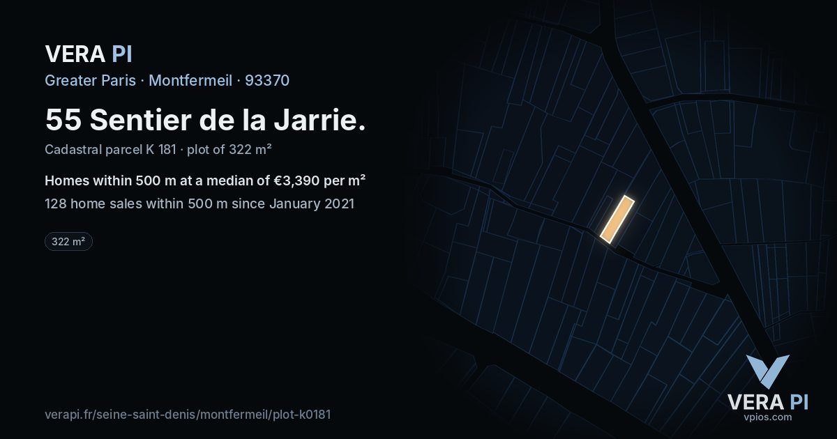 55 Sentier de la Jarrie, Montfermeil at night – the plot lit, the parcels around coloured by the prices near them