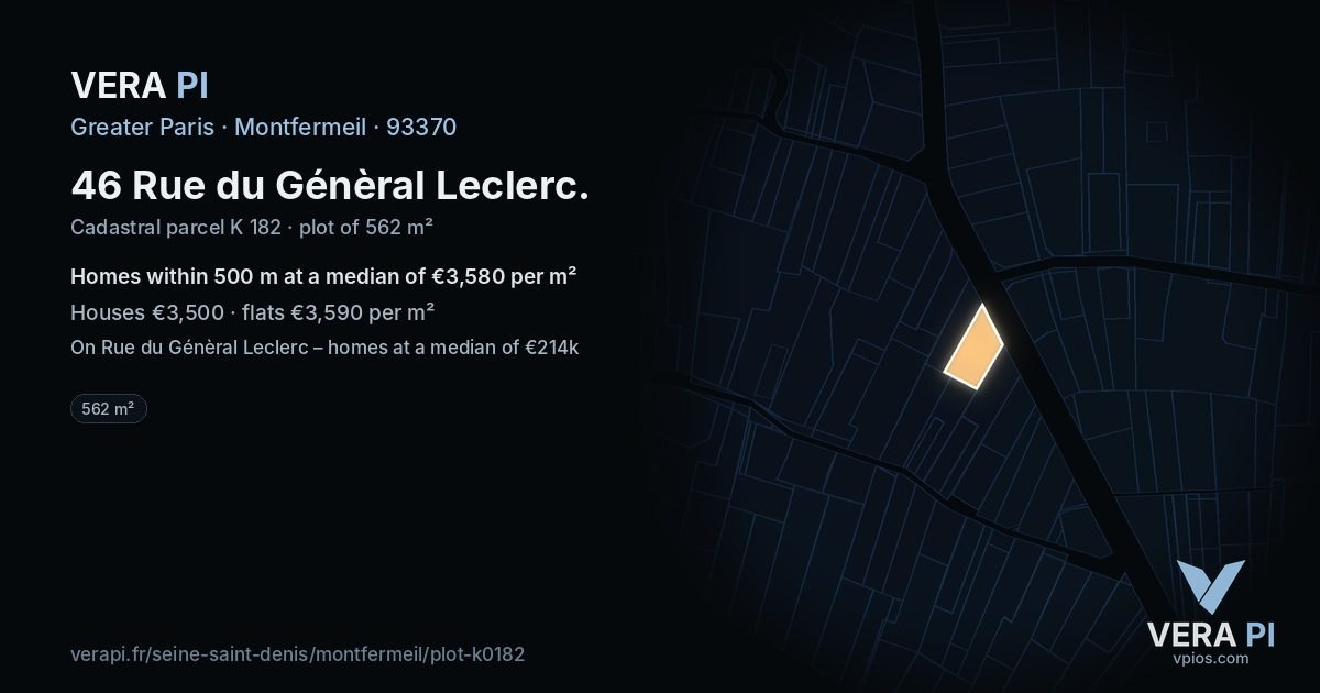 46 Rue du Génèral Leclerc, Montfermeil at night – the plot lit, the parcels around coloured by the prices near them