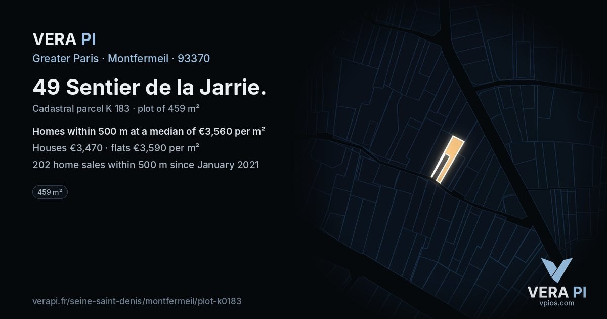 49 Sentier de la Jarrie, Montfermeil at night – the plot lit, the parcels around coloured by the prices near them