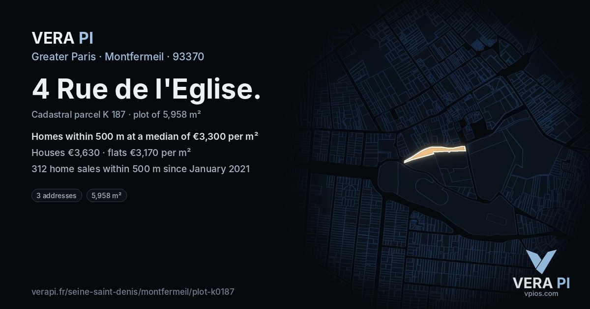 4 Rue de l'Eglise, Montfermeil at night – the plot lit, the parcels around coloured by the prices near them