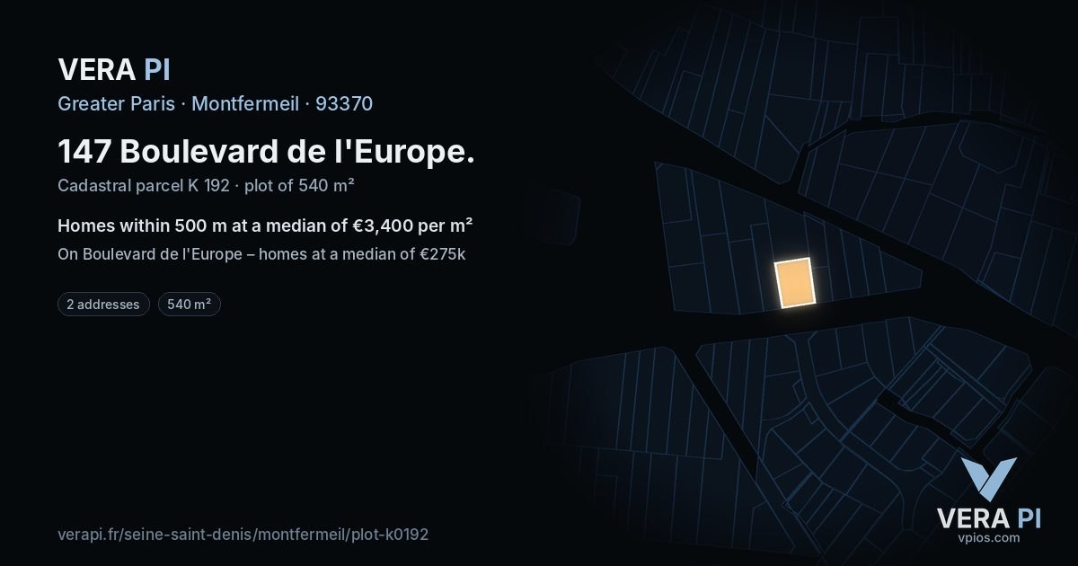 147 Boulevard de l'Europe, Montfermeil at night – the plot lit, the parcels around coloured by the prices near them