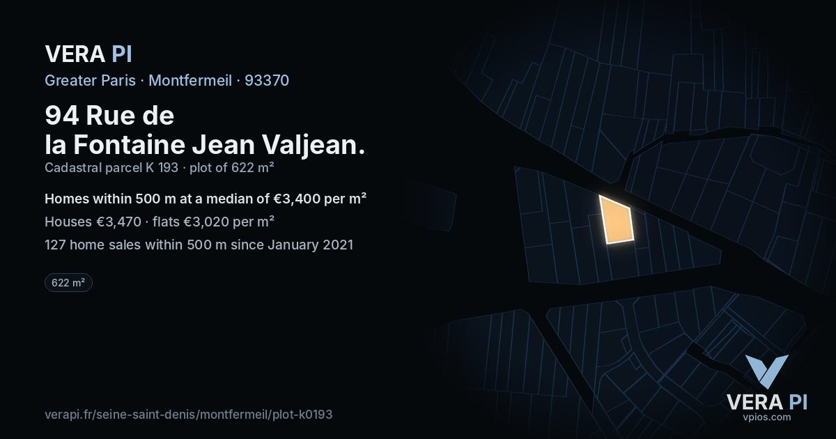 94 Rue de la Fontaine Jean Valjean, Montfermeil at night – the plot lit, the parcels around coloured by the prices near them