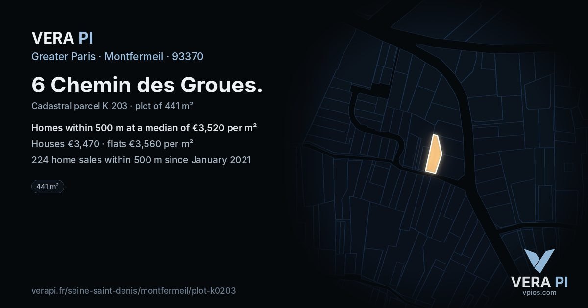 6 Chemin des Groues, Montfermeil at night – the plot lit, the parcels around coloured by the prices near them