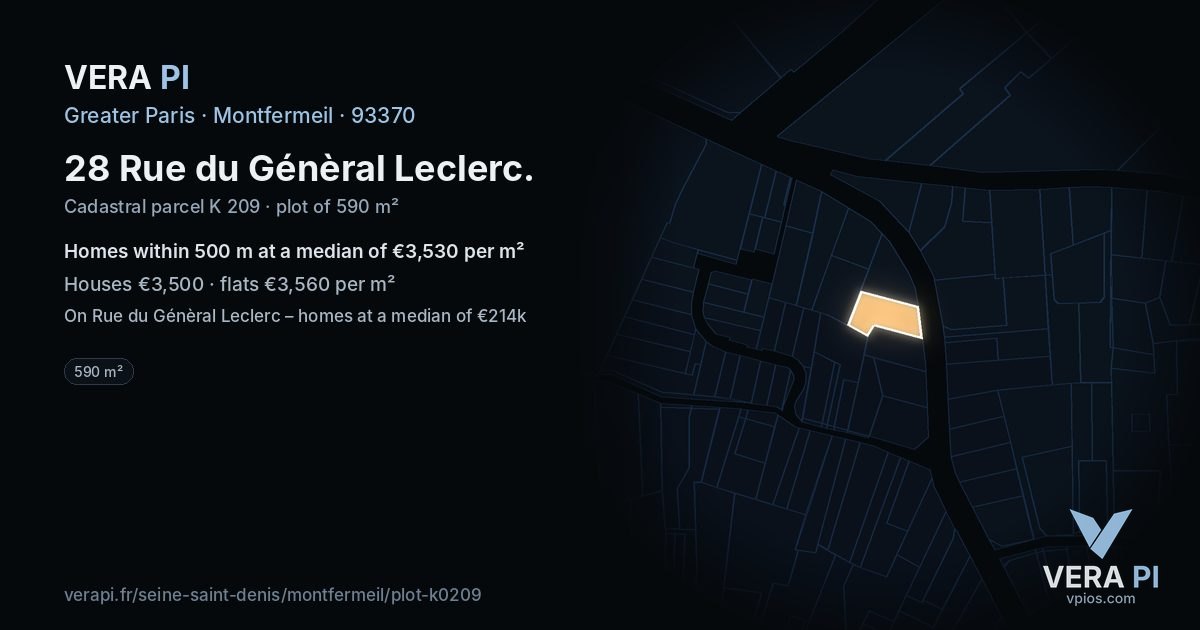 28 Rue du Génèral Leclerc, Montfermeil at night – the plot lit, the parcels around coloured by the prices near them