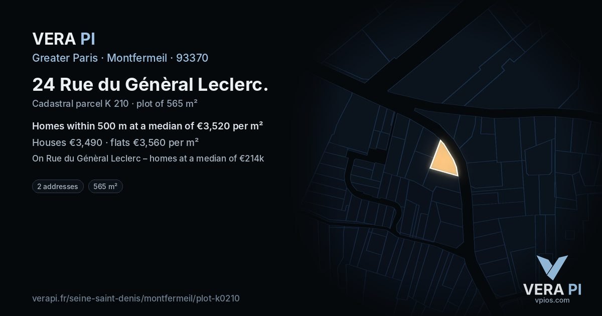 24 Rue du Génèral Leclerc, Montfermeil at night – the plot lit, the parcels around coloured by the prices near them