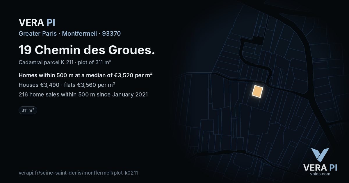 19 Chemin des Groues, Montfermeil at night – the plot lit, the parcels around coloured by the prices near them