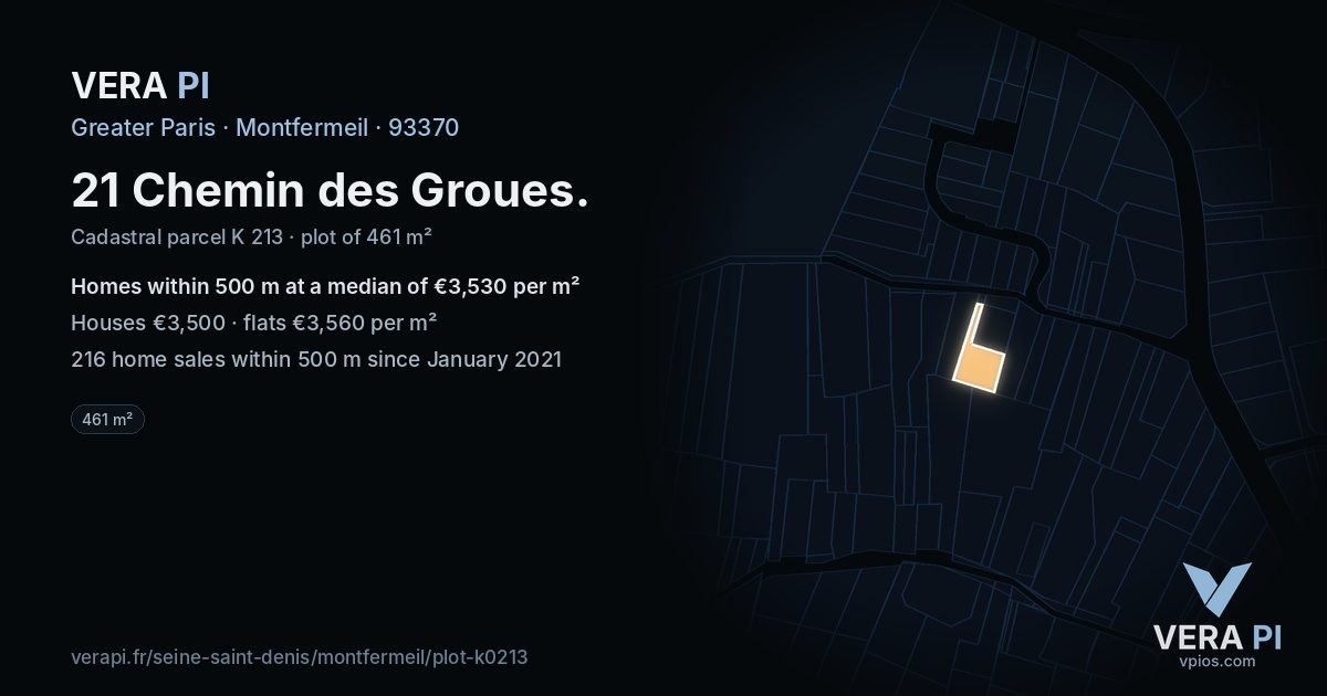 21 Chemin des Groues, Montfermeil at night – the plot lit, the parcels around coloured by the prices near them