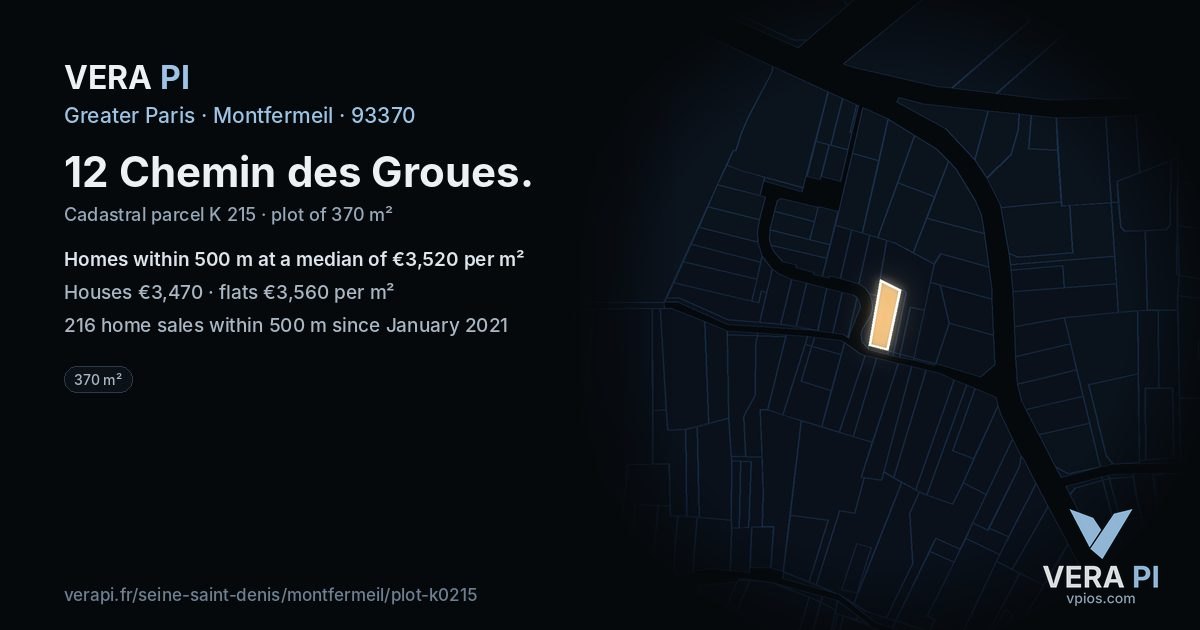 12 Chemin des Groues, Montfermeil at night – the plot lit, the parcels around coloured by the prices near them