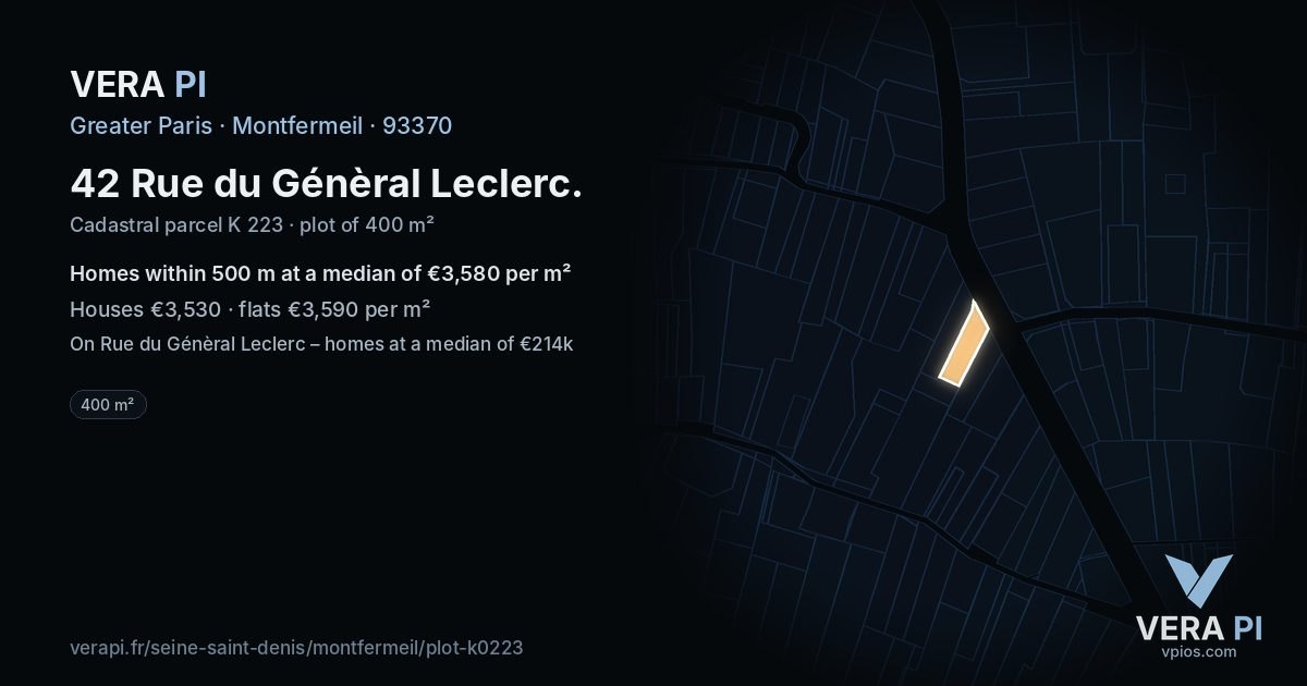 42 Rue du Génèral Leclerc, Montfermeil at night – the plot lit, the parcels around coloured by the prices near them