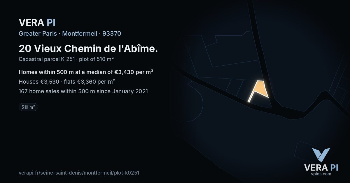 20 Vieux Chemin de l'Abîme, Montfermeil at night – the plot lit, the parcels around coloured by the prices near them