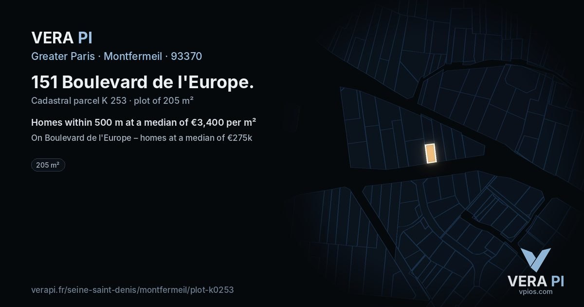 151 Boulevard de l'Europe, Montfermeil at night – the plot lit, the parcels around coloured by the prices near them