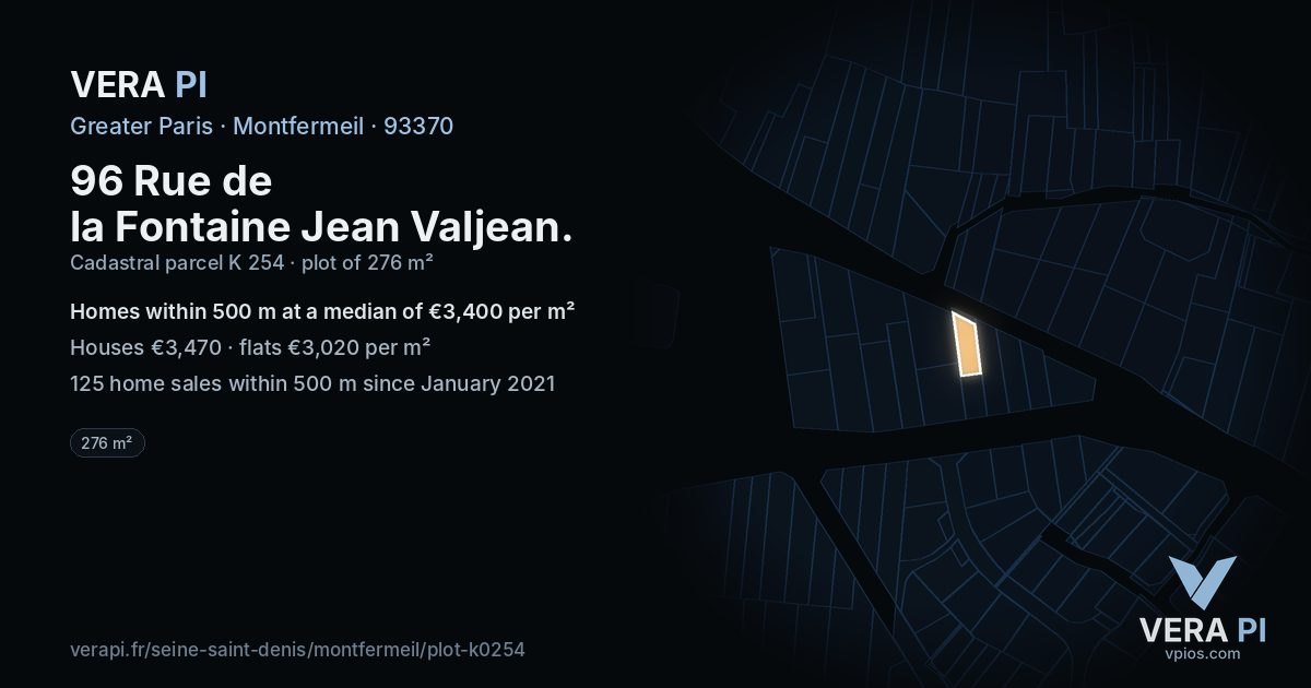 96 Rue de la Fontaine Jean Valjean, Montfermeil at night – the plot lit, the parcels around coloured by the prices near them