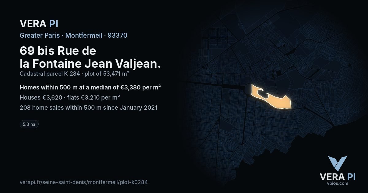 69 bis Rue de la Fontaine Jean Valjean, Montfermeil at night – the plot lit, the parcels around coloured by the prices near them