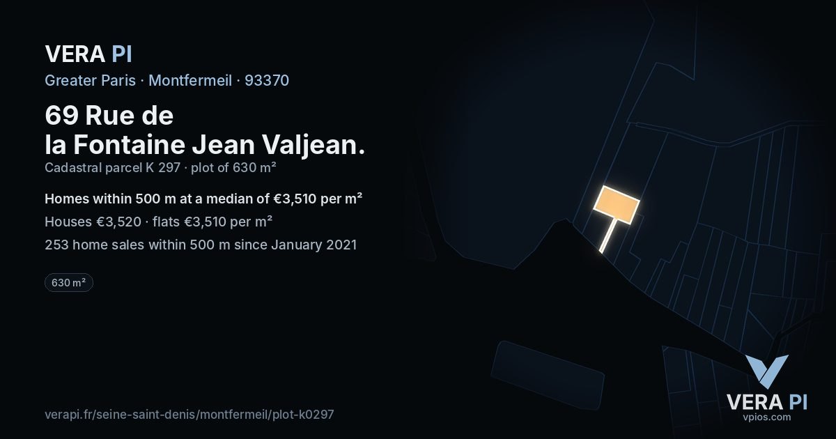 69 Rue de la Fontaine Jean Valjean, Montfermeil at night – the plot lit, the parcels around coloured by the prices near them