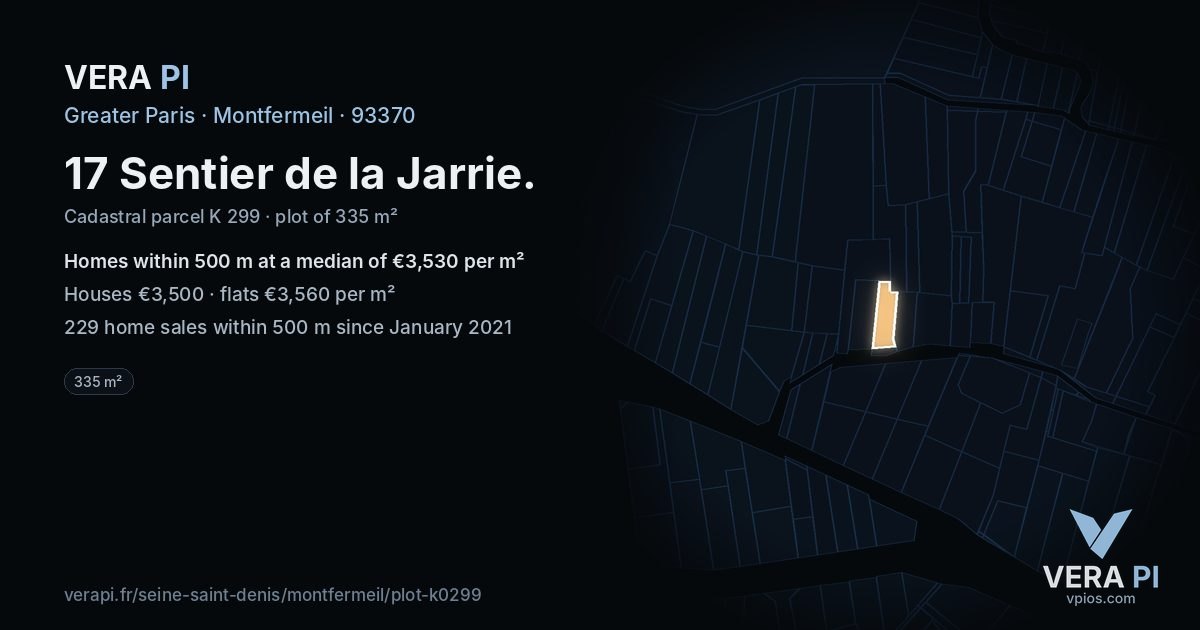 17 Sentier de la Jarrie, Montfermeil at night – the plot lit, the parcels around coloured by the prices near them