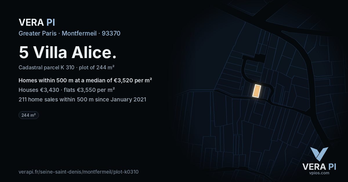 5 Villa Alice, Montfermeil at night – the plot lit, the parcels around coloured by the prices near them