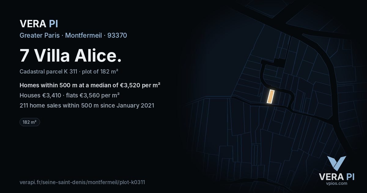 7 Villa Alice, Montfermeil at night – the plot lit, the parcels around coloured by the prices near them