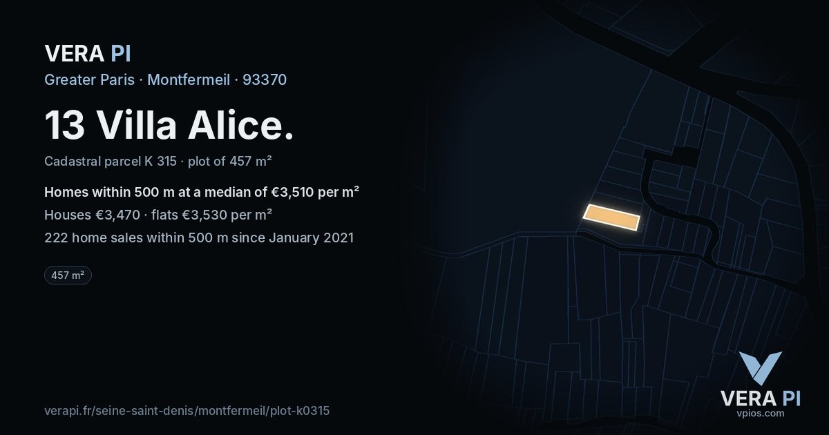 13 Villa Alice, Montfermeil at night – the plot lit, the parcels around coloured by the prices near them
