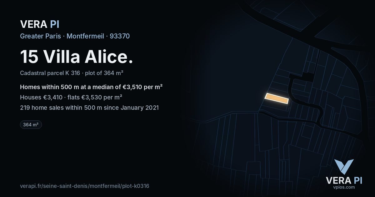 15 Villa Alice, Montfermeil at night – the plot lit, the parcels around coloured by the prices near them