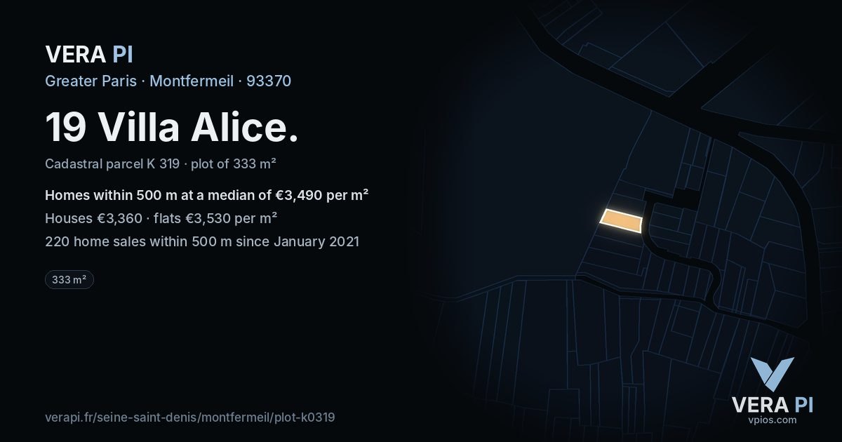 19 Villa Alice, Montfermeil at night – the plot lit, the parcels around coloured by the prices near them