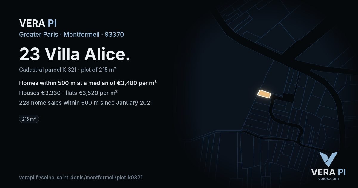 23 Villa Alice, Montfermeil at night – the plot lit, the parcels around coloured by the prices near them