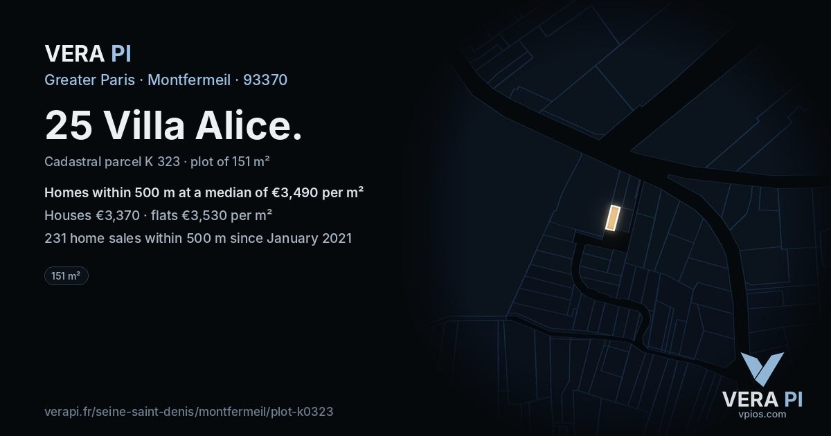 25 Villa Alice, Montfermeil at night – the plot lit, the parcels around coloured by the prices near them