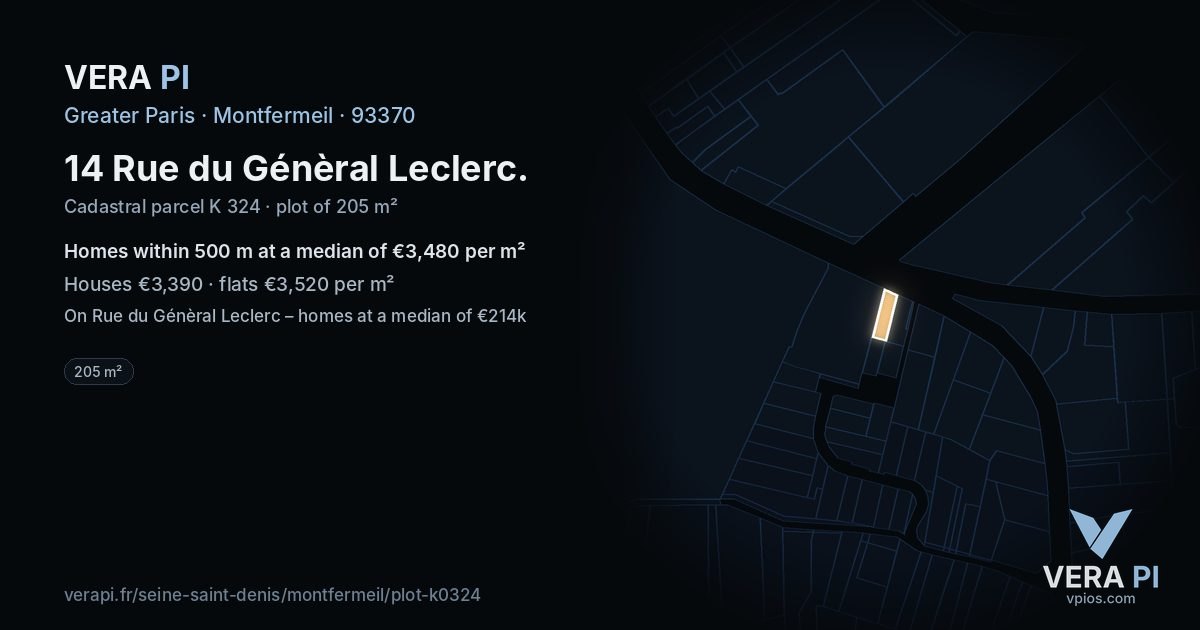 14 Rue du Génèral Leclerc, Montfermeil at night – the plot lit, the parcels around coloured by the prices near them