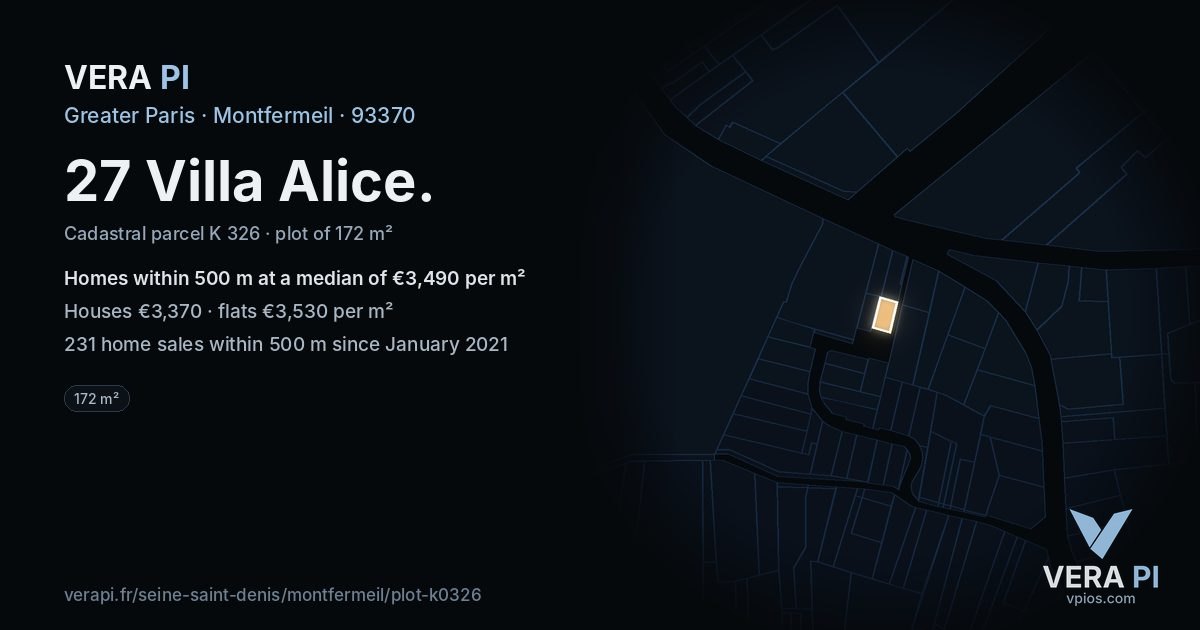 27 Villa Alice, Montfermeil at night – the plot lit, the parcels around coloured by the prices near them