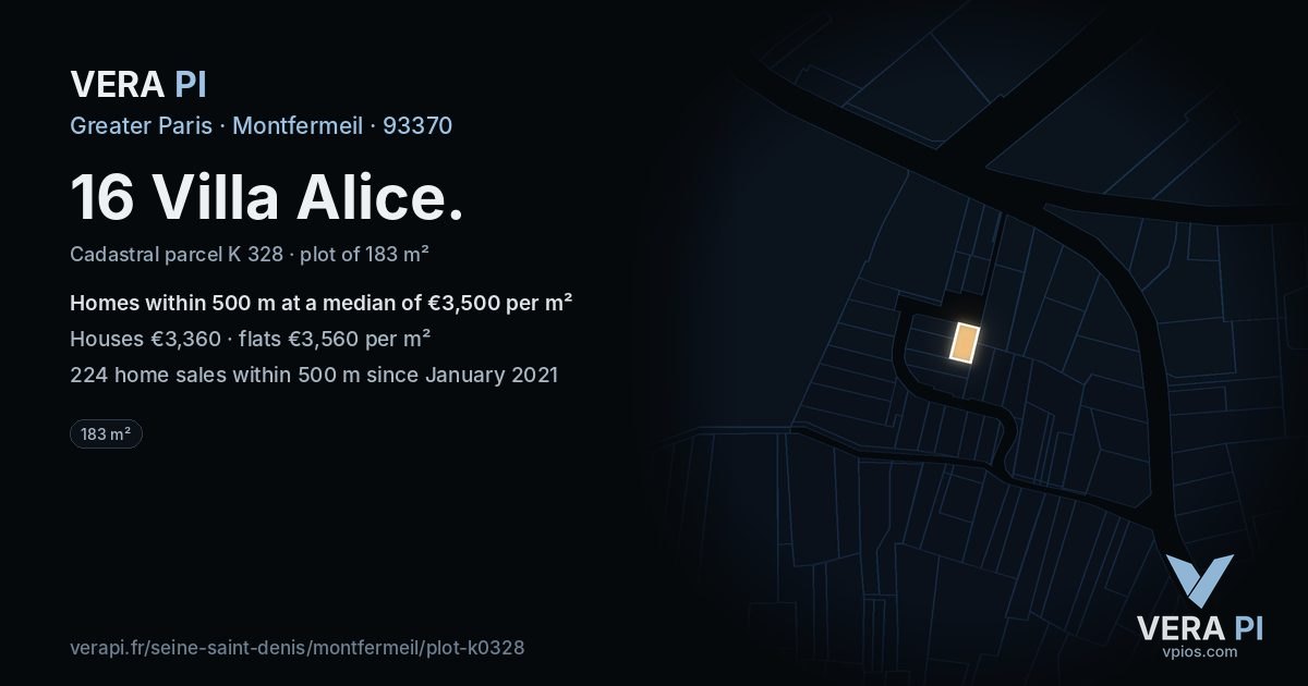 16 Villa Alice, Montfermeil at night – the plot lit, the parcels around coloured by the prices near them