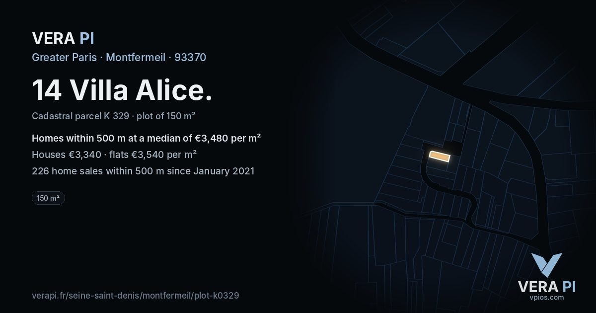 14 Villa Alice, Montfermeil at night – the plot lit, the parcels around coloured by the prices near them