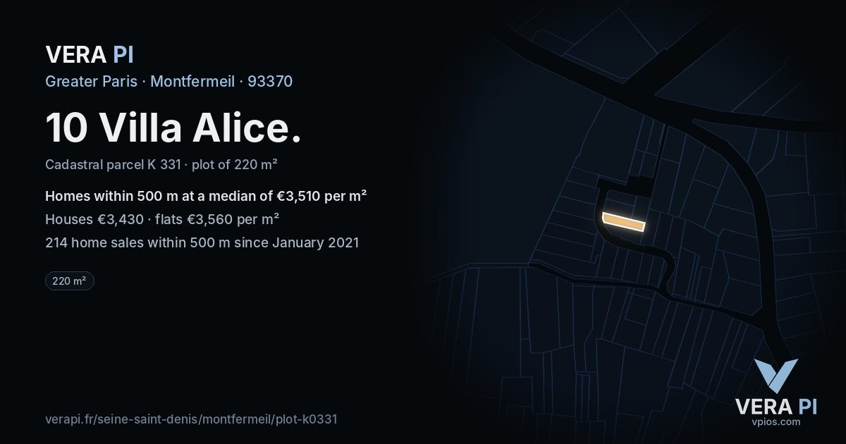 10 Villa Alice, Montfermeil at night – the plot lit, the parcels around coloured by the prices near them