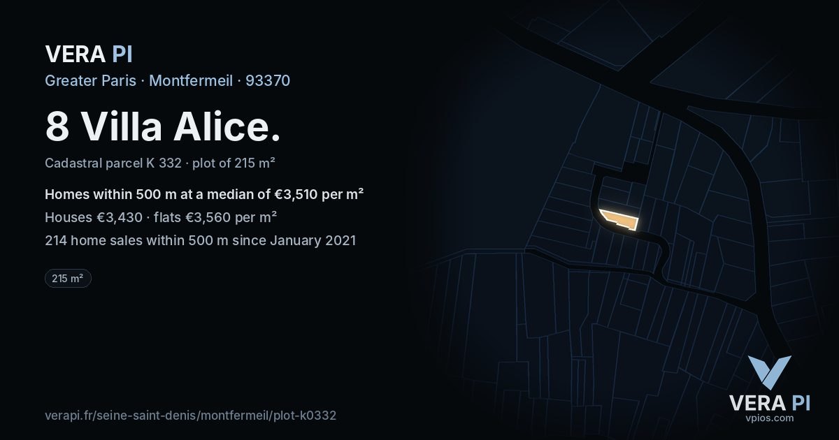 8 Villa Alice, Montfermeil at night – the plot lit, the parcels around coloured by the prices near them