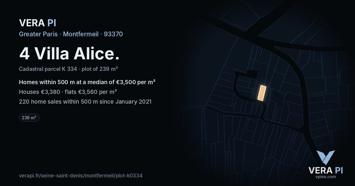 4 Villa Alice, Montfermeil at night – the plot lit, the parcels around coloured by the prices near them