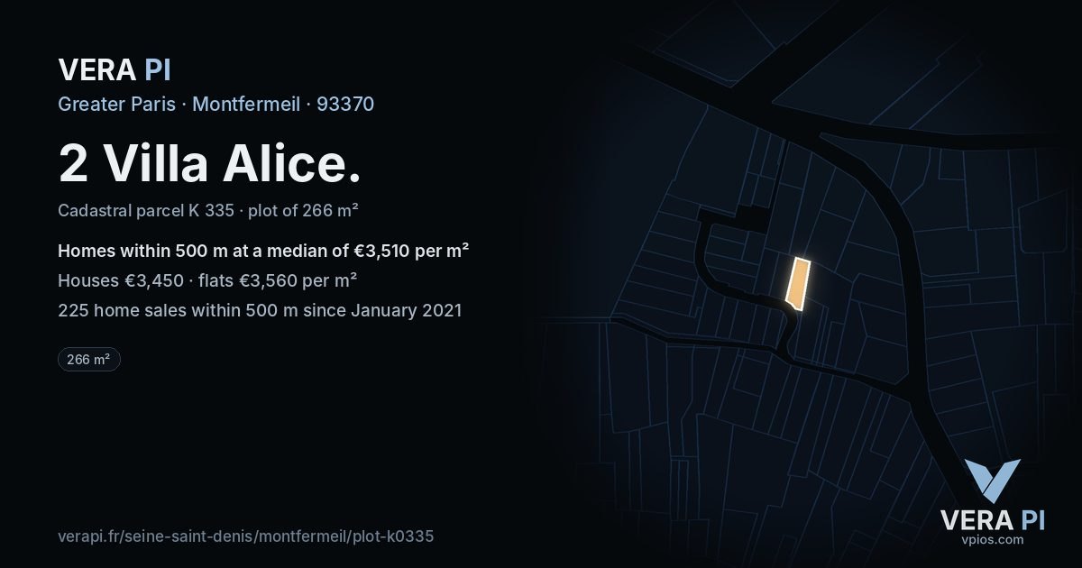 2 Villa Alice, Montfermeil at night – the plot lit, the parcels around coloured by the prices near them
