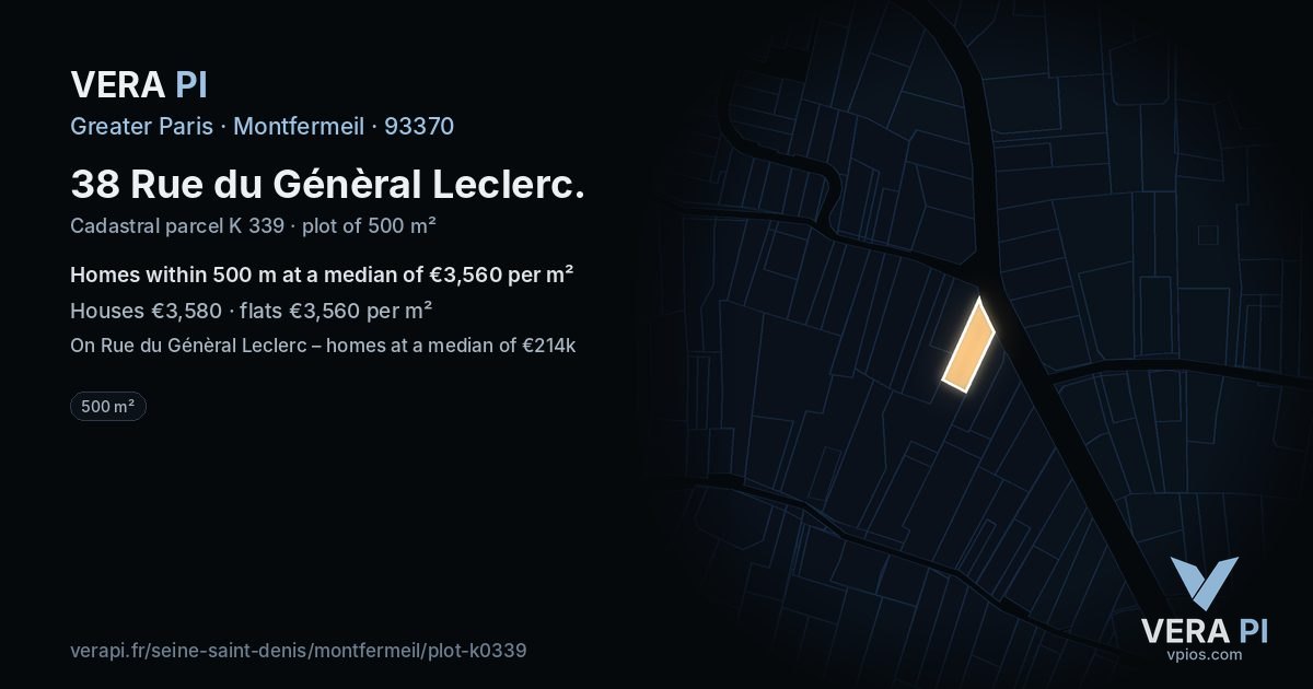38 Rue du Génèral Leclerc, Montfermeil at night – the plot lit, the parcels around coloured by the prices near them