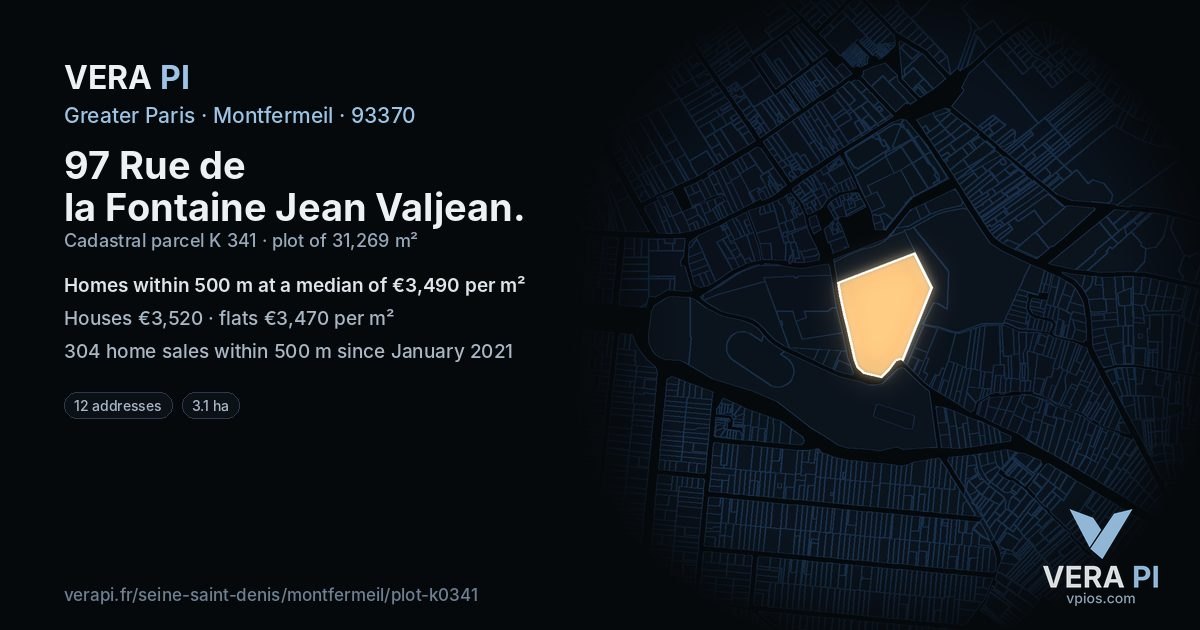 97 Rue de la Fontaine Jean Valjean, Montfermeil at night – the plot lit, the parcels around coloured by the prices near them