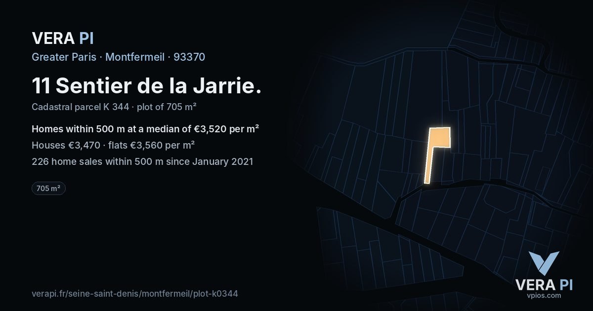 11 Sentier de la Jarrie, Montfermeil at night – the plot lit, the parcels around coloured by the prices near them