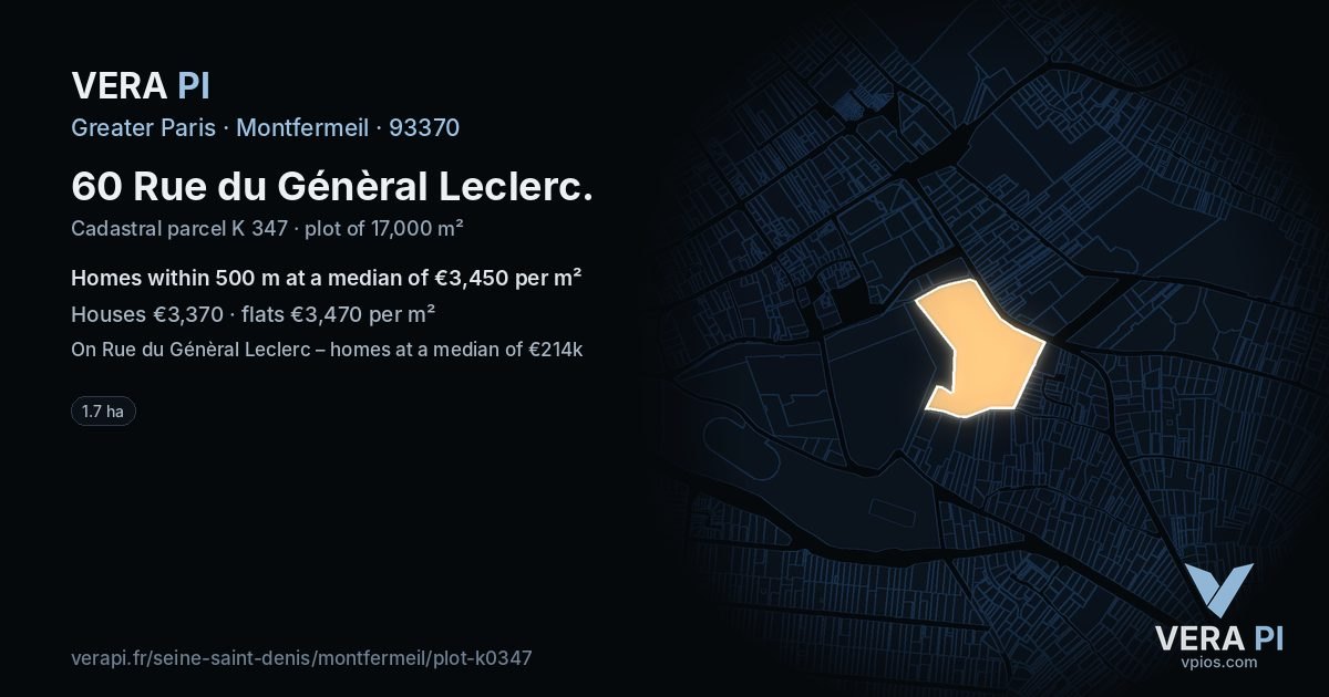 60 Rue du Génèral Leclerc, Montfermeil at night – the plot lit, the parcels around coloured by the prices near them